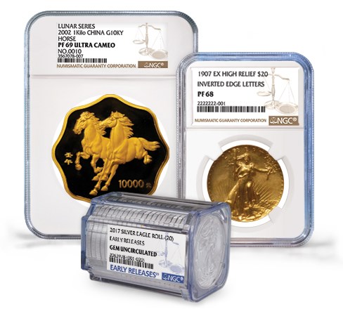 NGC-graded coins in holders